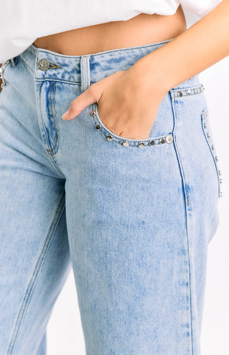 Jannina Light Wash Denim Studded Low Rise Jeans Image