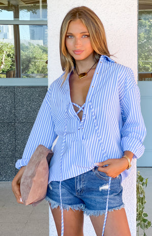 Beginning Boutique Jasper Blue Pinstripe Lace Up Shirt Dress blue and white pinstripe collared long sleeve oversized lace-up