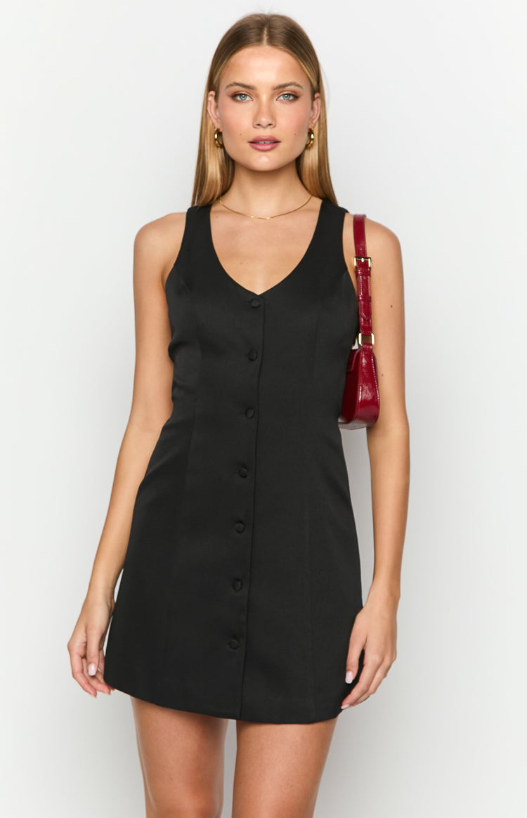 Black sleeveless mini dress with a V-neckline and full button-front detail
