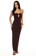 Beginning Boutique Jordan Brown Crepe Strapless Maxi Dress brown crepe strapless maxi with ruched bust and front cutout