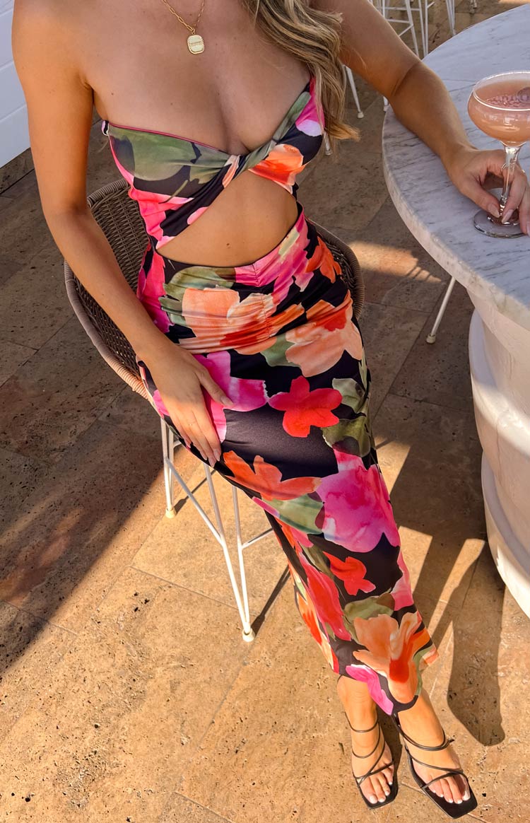 Beginning Boutique Juliete Floral Midi Dress black floral print strapless twisted bust cut-out ruched bodycon midi dress