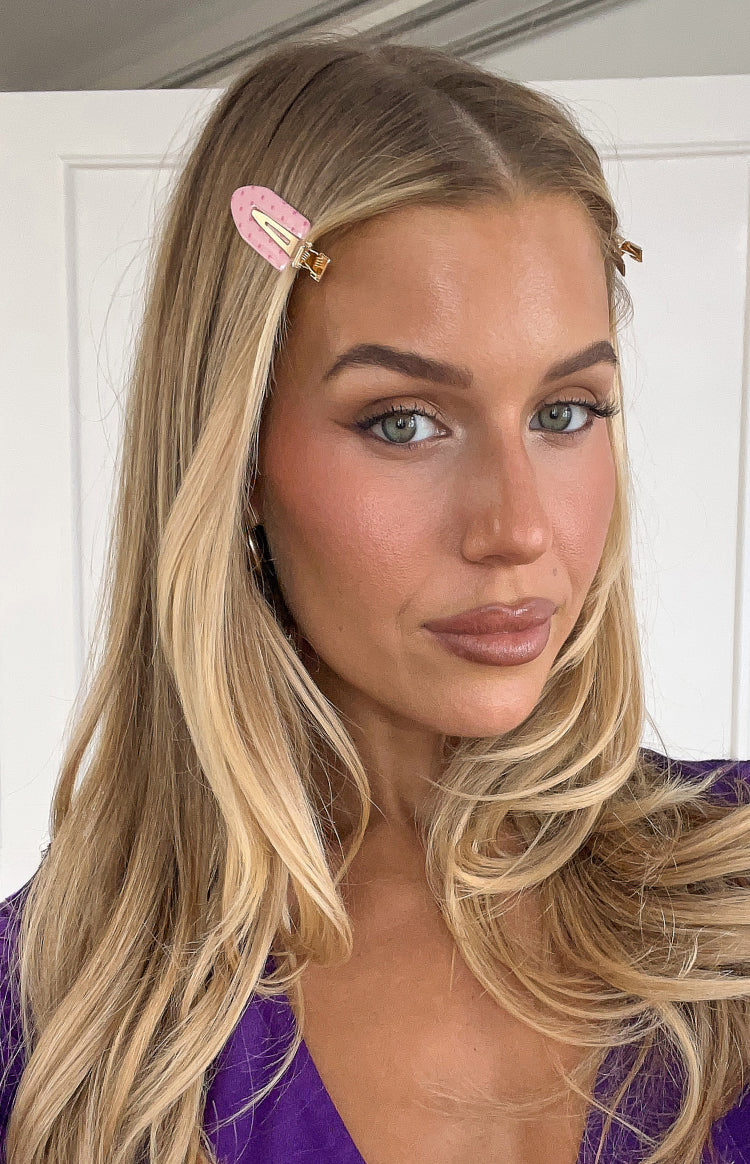 Beginning Boutique Juno Pink Polka Dot 2 Pack Non Crease Hair Clips two oval pink hair clips with small white polka dots and