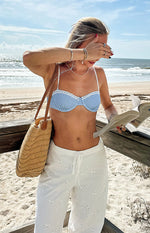 Blue gingham underwire bikini top with white lace trim along the cups and thin spaghetti straps