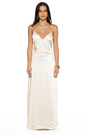 Beginning Boutique Kaitlynn Cream Satin Maxi Dress cream satin V-neck maxi dress with thin spaghetti straps and a flowy skirt
