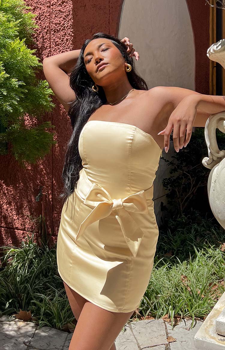 Kamie Yellow Satin Bow Mini Dress Image