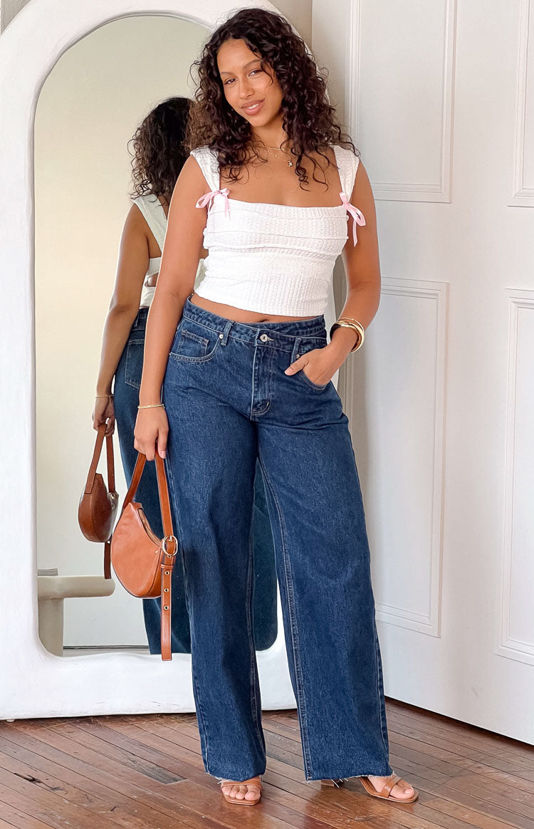 Kansis Dark Blue Uneven Waist Jeans Image