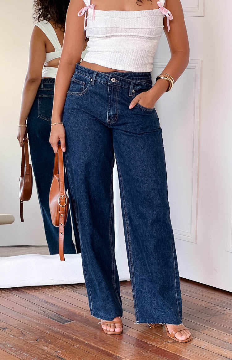 Kansis Dark Blue Uneven Waist Jeans Image