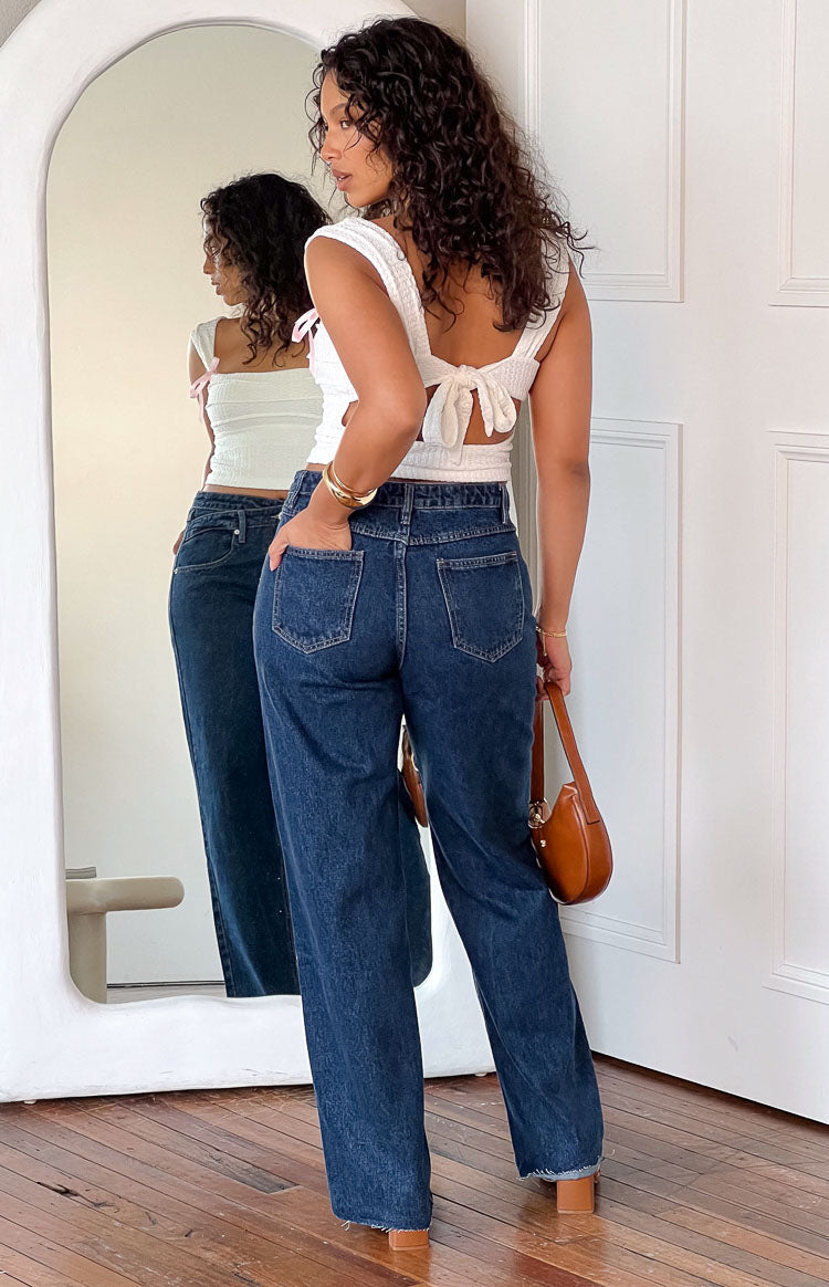 Kansis Dark Blue Uneven Waist Jeans Image