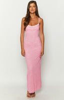 Pink lace maxi dress on blonde model