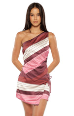 Front view of a pink, white, and burgundy striped one-shoulder satin top with an asymmetric hem