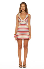 Fitted beige multi-stripe mini dress featuring a wrap-style plunge V-neck and sleeveless design