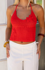 Kiki Red Crochet Flower Halter Top - PRE ORDER Image