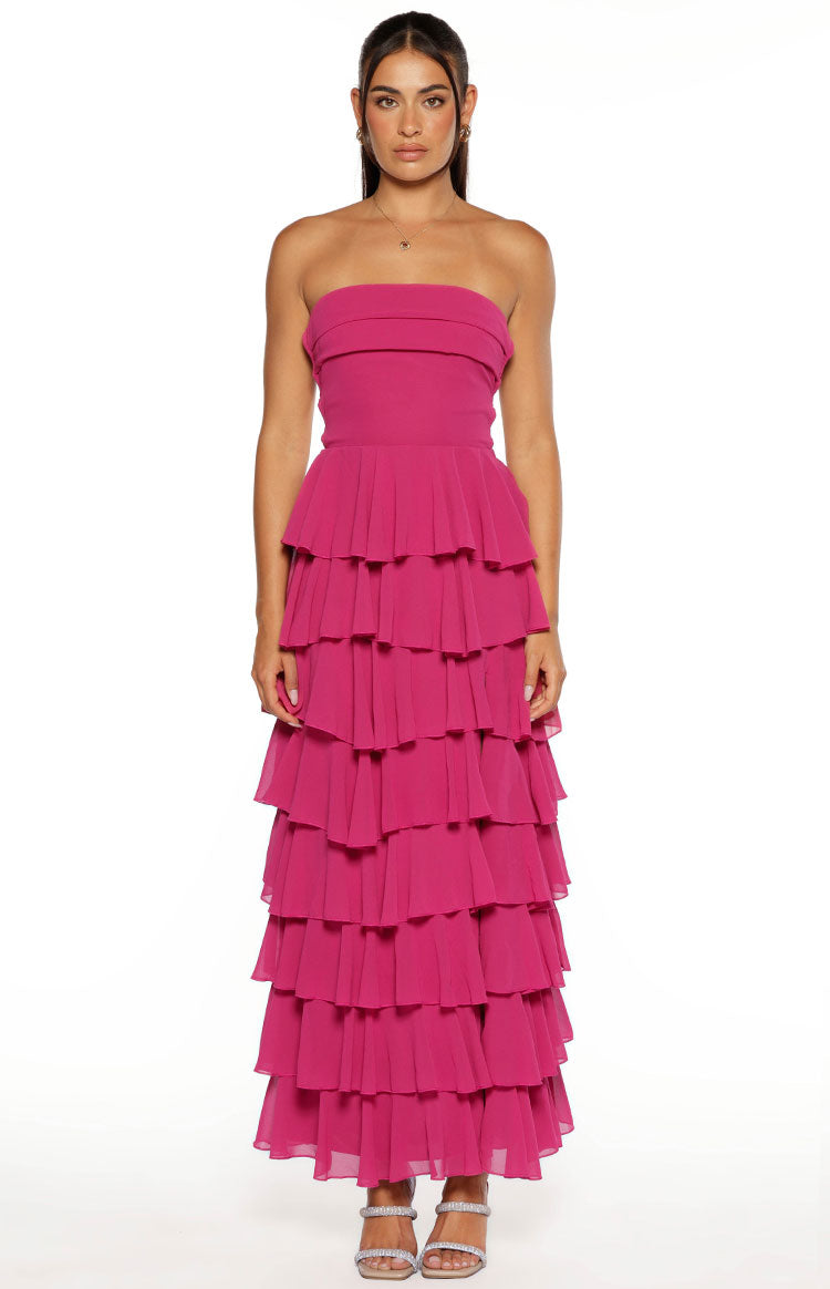 Kim Fuchsia Strapless Ruffle Maxi Dress Image