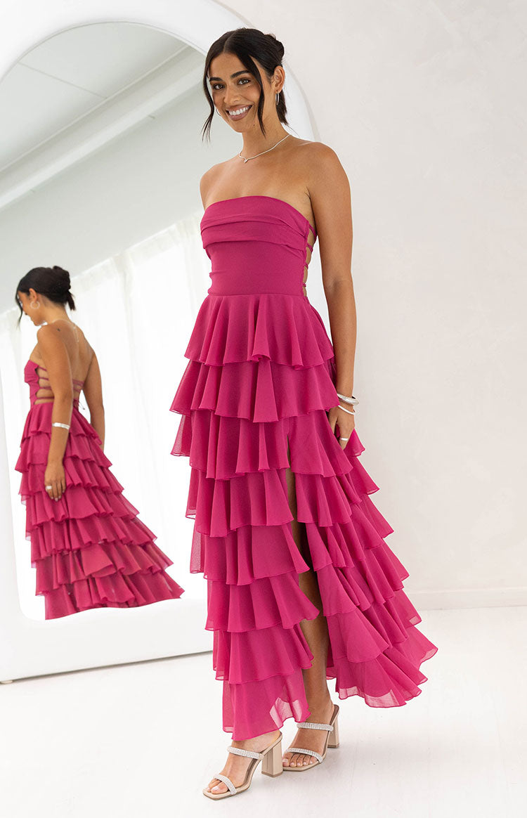 Beginning Boutique Kim Fuchsia Strapless Ruffle Maxi Dress fuchsia strapless ruched bodice tiered ruffle maxi dress with lace-up back