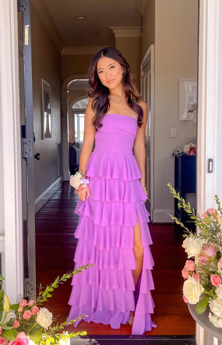 Beginning Boutique Kim Magenta Strapless Ruffle Maxi Dress magenta strapless maxi dress with tiered ruffles and a high side slit