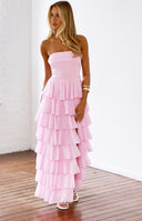 Beginning Boutique Kim Pink Strapless Ruffle Maxi Dress pink strapless tiered ruffle maxi with high split and lace-up side