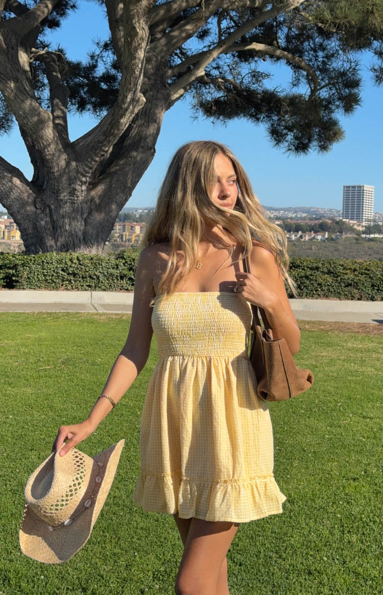 Beginning Boutique Kimmy Yellow Mini Dress yellow gingham strapless shirred bodice A-line mini dress with ruffled hem