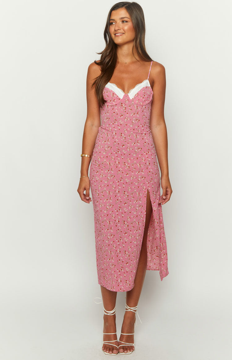 Beginning Boutique Kinsley Pink Floral Midi Dress pink floral midi with white lace trim sweetheart neckline spaghetti straps and side slit
