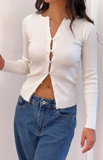 Kippy White Ribbed Knit Button Up Long Sleeve Sweater Image