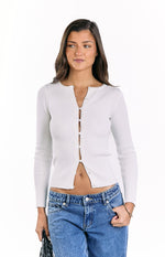 Kippy White Ribbed Knit Button Up Long Sleeve Sweater Image