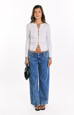 Kippy White Ribbed Knit Button Up Long Sleeve Sweater Image