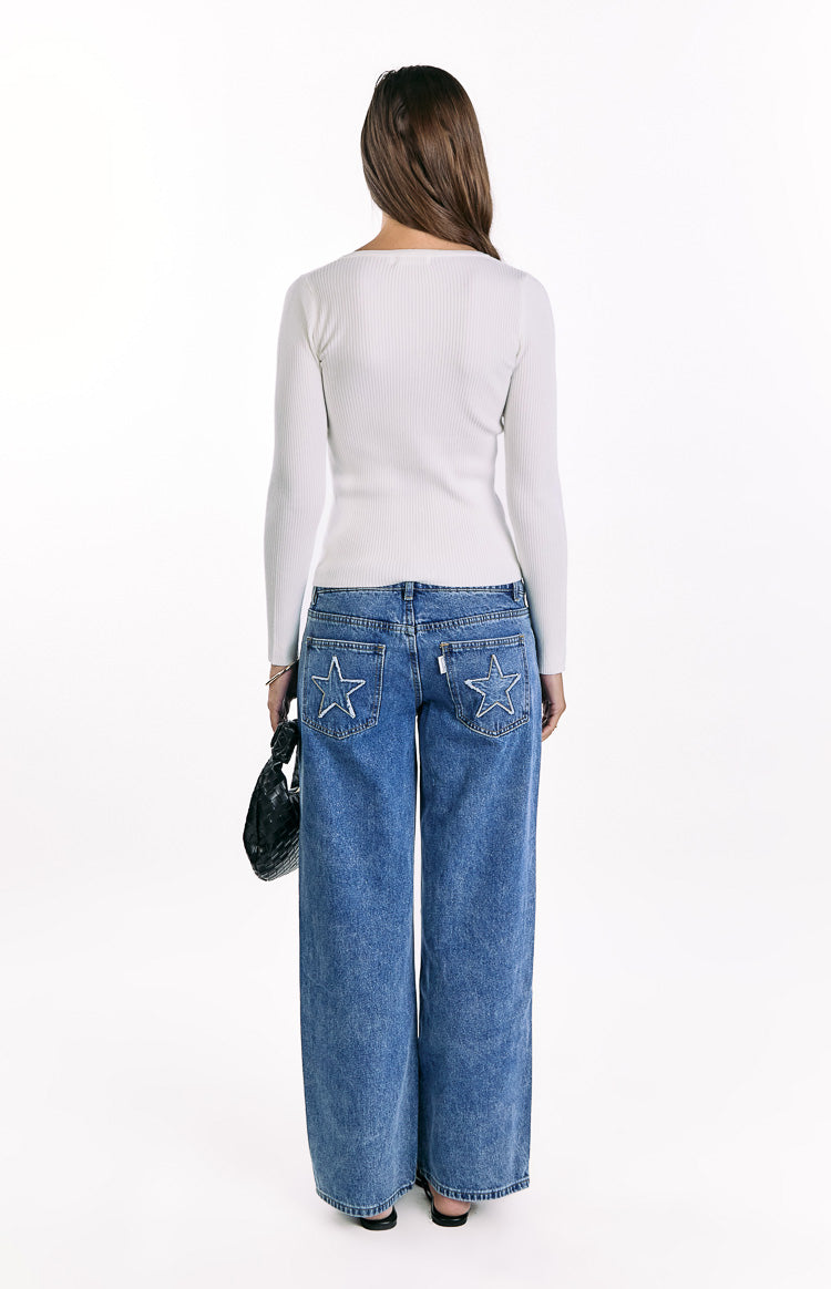 Kippy White Ribbed Knit Button Up Long Sleeve Sweater Image
