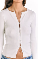 Kippy White Ribbed Knit Button Up Long Sleeve Sweater Image