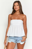 Beginning Boutique Klee White Strapless Tie Back Top white strapless top with a fitted bust and gathered peplum hem
