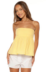 Front view of a yellow strapless top with a gathered peplum hem and a smooth bandeau neckline