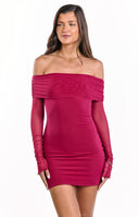 A form-fitting- ruched wine red off-the-shoulder mini-dress with long sleeves and finger loops- suitable for an evening out or a cocktail event.