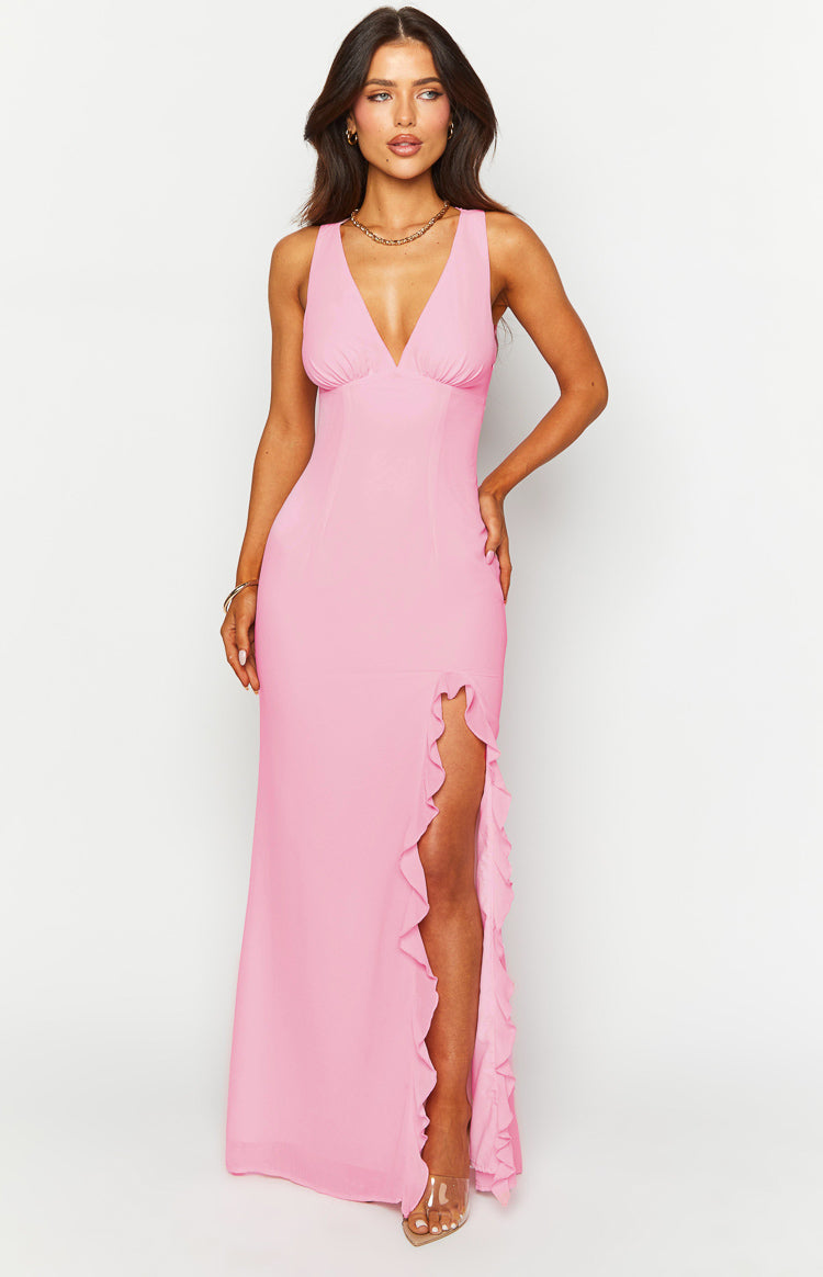 Front view of a pink maxi dress with a deep V-neck, ruched bust, and a ruffled high leg slit