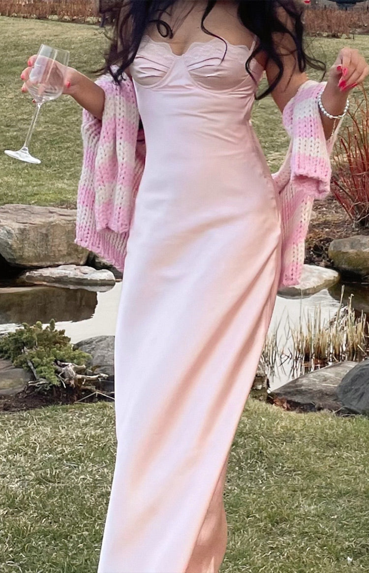 Light pink satin maxi dress with a bustier-style bodice and delicate lace trim along the neckline
