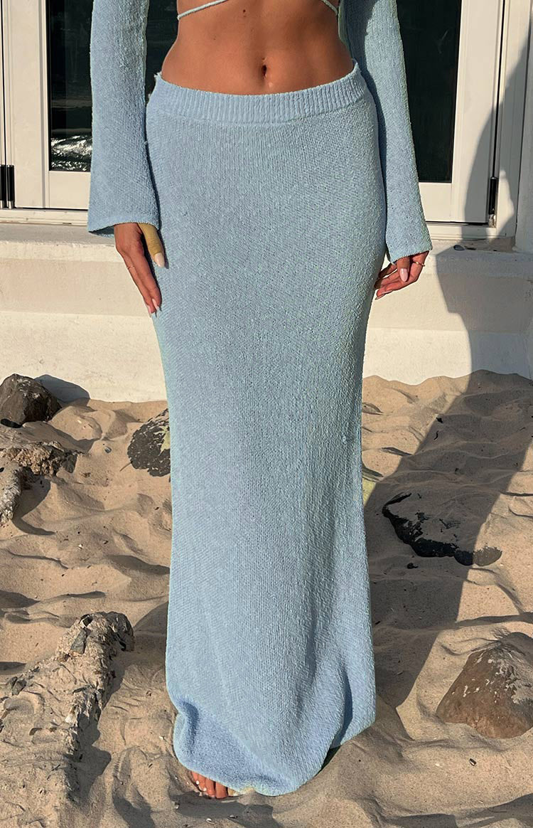 Beginning Boutique Laila Blue Knit Maxi Skirt light blue ribbed knit fitted maxi skirt with elasticated waistband