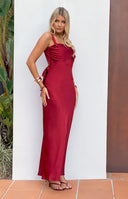 Beginning Boutique Laria Wine Satin Formal Maxi Dress wine satin square neck maxi dress with wide straps and ruched bust