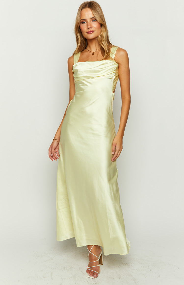 Front view of a yellow satin maxi dress with a draped cowl neckline and wide straps