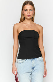 Fitted black strapless top with a structured bodice, subtle front seams, and a visible side zipper