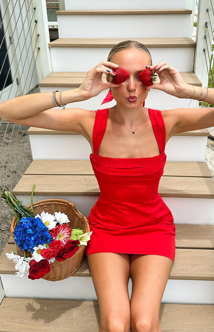 Beginning Boutique Layla Red Tie Back Mini Dress red fitted mini dress with square neckline and folded bust detail