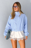 Beginning Boutique Lee Blue Stripe Funnel Neck Jacket light blue and white striped funnel neck jacket with full zip front and