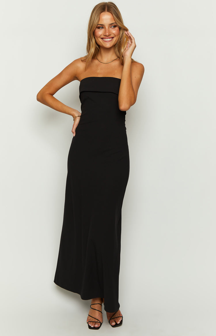 Black strapless maxi dress with a straight bandeau neckline and a subtle flared hem