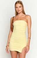 Beginning Boutique Let Go Yellow Ruched Mini Dress yellow strapless ruched bodycon mini dress