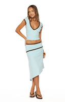 Beginning Boutique Levi Blue Contrast Bind Asymmetric Skirt light blue fitted midi skirt with brown contrast binding and an a