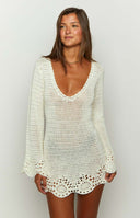 Beginning Boutique Li White Crochet Long Sleeve Mini Dress white crochet off-shoulder mini dress with long bell sleeves and open knit details