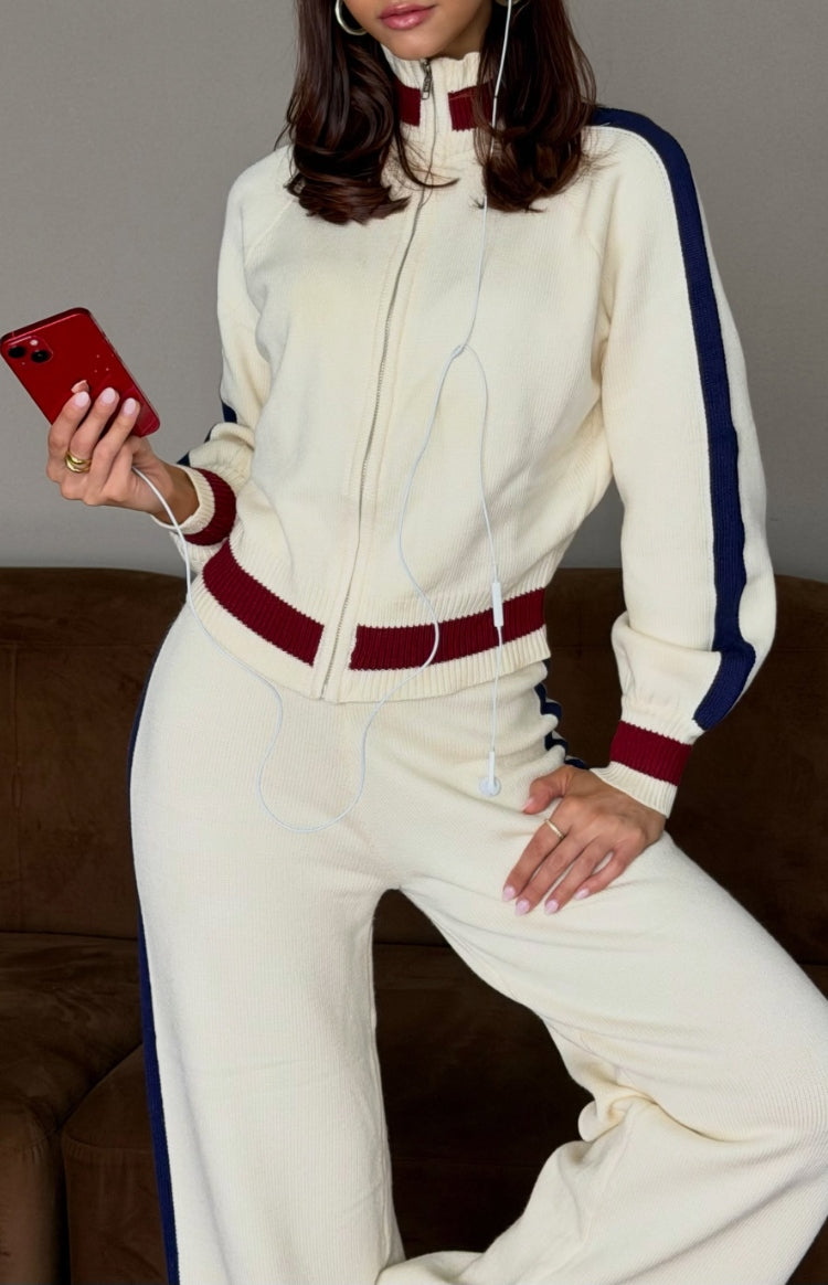 Beginning Boutique Liberty Cream Knit Jacquard Zip Sweater cream ribbed knit zip sweater with high collar and navy burgundy s