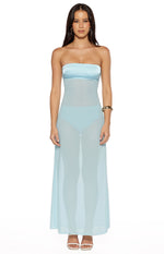 Front view of a light blue strapless maxi dress with a sheer skirt and opaque bandeau top