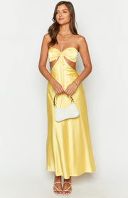 Yellow satin strapless maxi dress with tie-front bust and side cutouts
