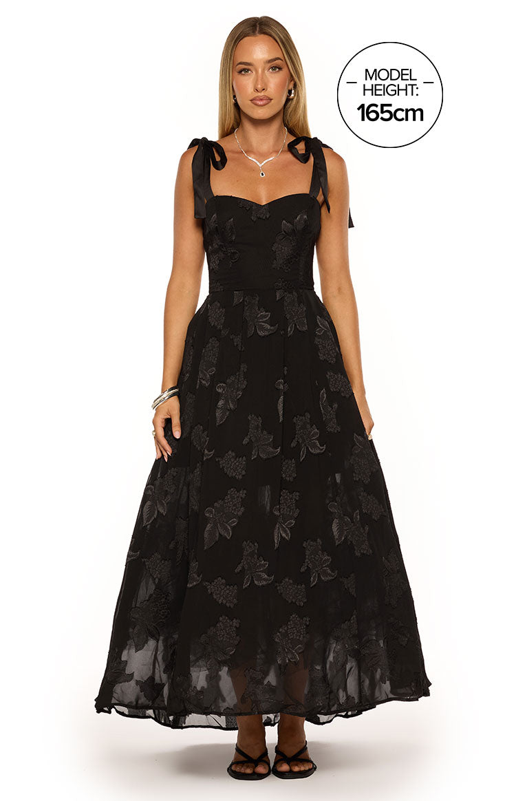 Beginning Boutique Lily Black Tie Shoulder Formal Maxi Dress black sweetheart neckline tie shoulder maxi dress with embroidered floral pattern