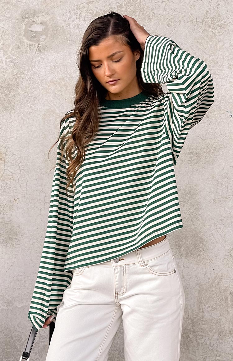 Beginning Boutique Lioness Bloom Moss Stripe Long Sleeve Top moss green and white stripe crew neck long sleeve cropped top with balloon sleeves