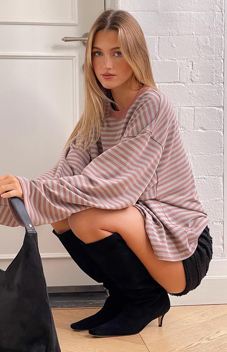 Beginning Boutique Lioness Bloom Muted Pastels Stripe Long Sleeve Top muted dusty rose and grey striped oversized crew neck long sleeve top