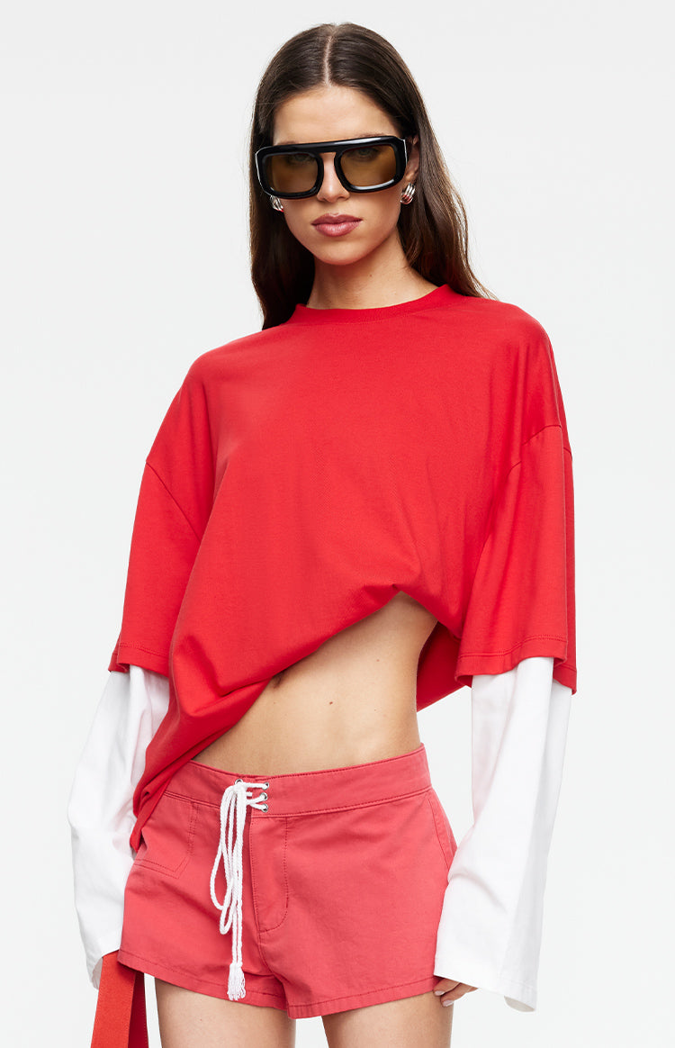 Beginning Boutique Lioness Bottega Crimson Layered Shirt — crimson oversized cropped tee layered over a white long sleeve shirt with crew neck