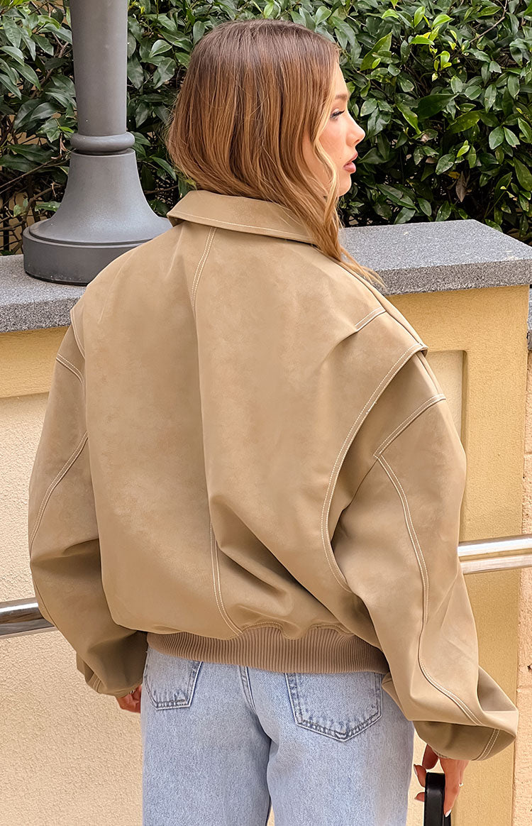 Beginning Boutique Lioness Latte Vista Bomber Jacket latte oversized bomber jacket with white contrast stitching and ribbed hem